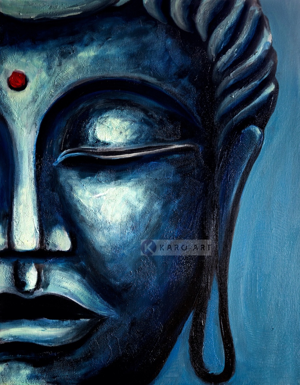 Schilderij - Blauwe Boeddha (print op canvas) , Blauw zwart , 3 maten , Premium print afbeelding