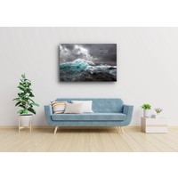 Karo-art Schilderij - Woeste zee , Blauw zwart wit , 3 maten , Wanddecoratie