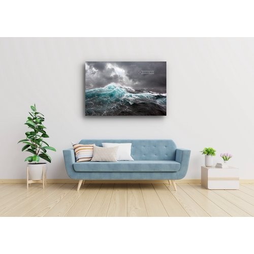 Karo-art Schilderij - Woeste zee , Blauw zwart wit , 3 maten , Wanddecoratie