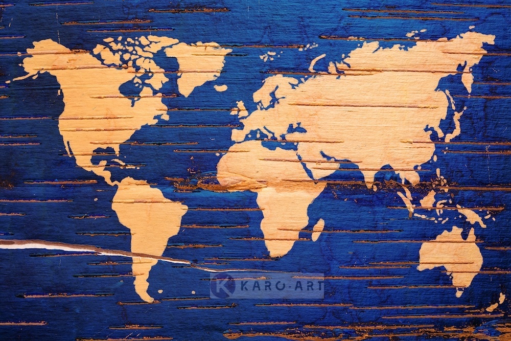 Schilderij - Wereldkaart in blauw en geel , 3 maten , Wanddecoratie afbeelding