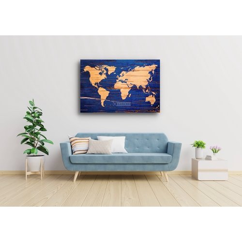 Karo-art Afbeelding op acrylglas - Wereldkaart in blauw en geel