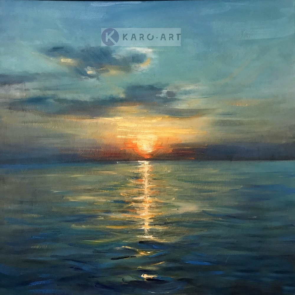 Schilderij - Zonsondergang , Multikleur , 3 maten , Wanddecoratie afbeelding