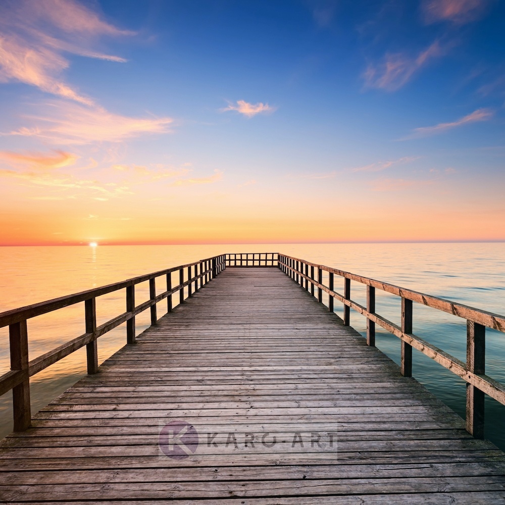 Schilderij - Pier bij zonsondergang , Multikleur , 3 maten , Premium print afbeelding