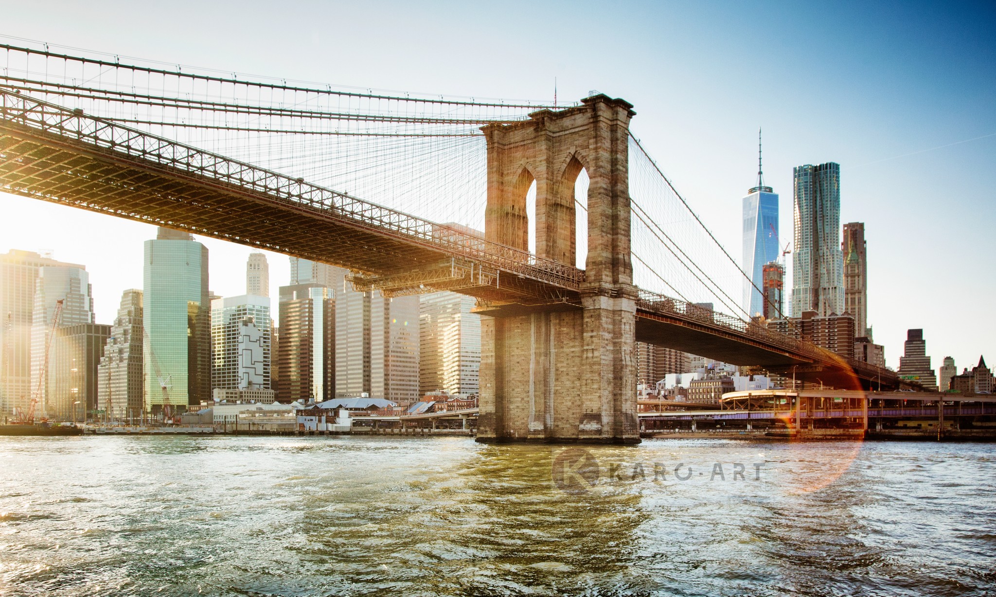 Schilderij - Brooklyn Bridge, New York, Multikleur , 3 maten , Wanddecoratie afbeelding
