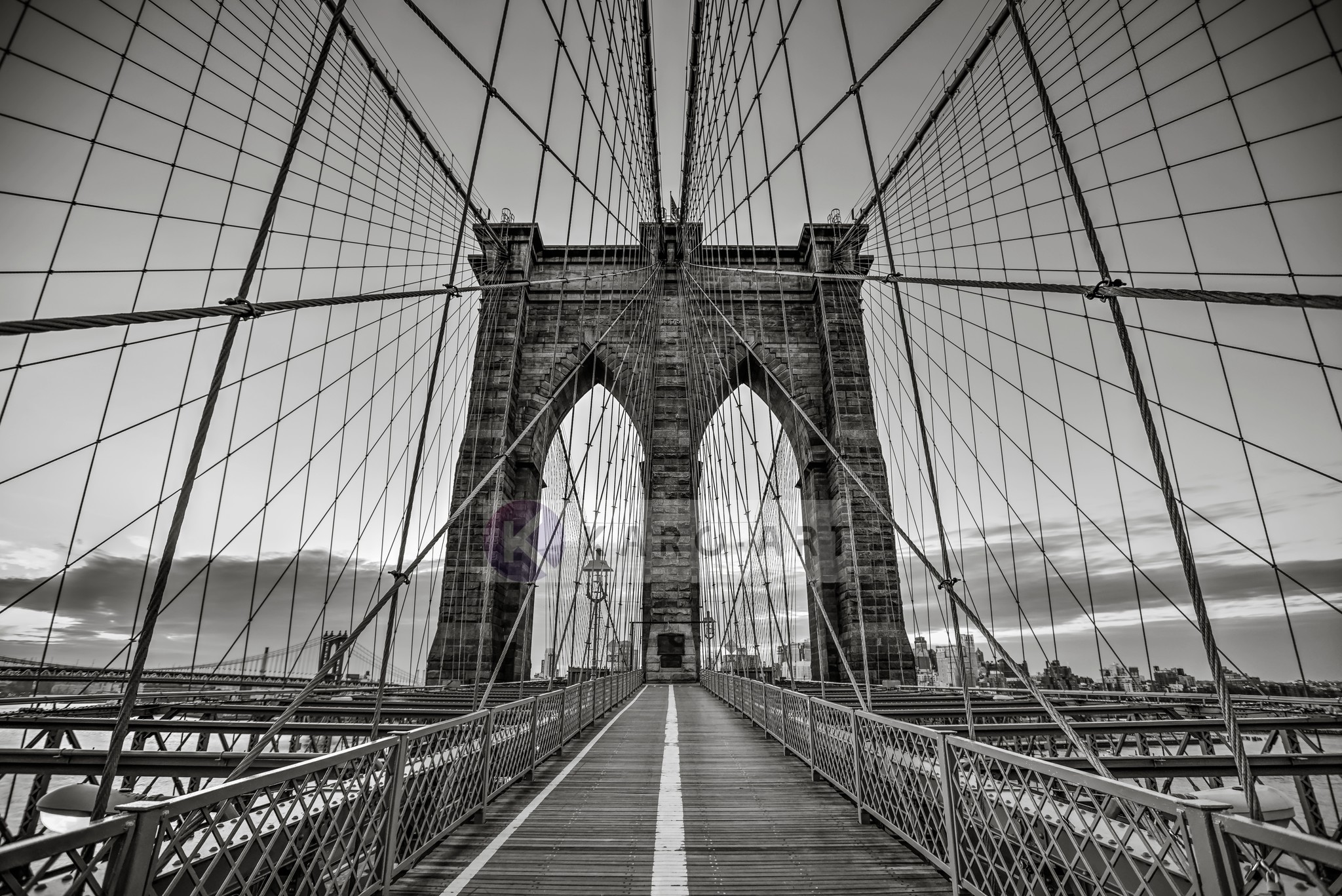 Schilderij - Brooklyn Bridge Zwart Wit, New York, 3 maten , Premium print afbeelding