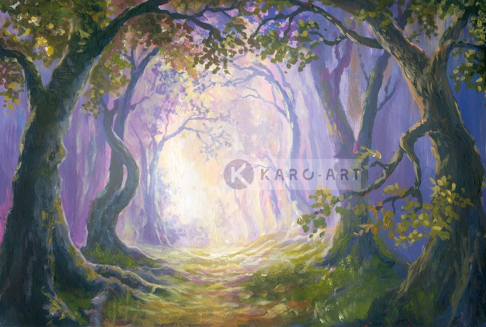 Schilderij - Sprookjesbos , Groen Paars , 3 maten , Wanddecoratie afbeelding