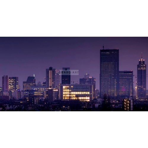 Karo-art Schilderij - Rotterdam Skyline, Zwart Paars Geel , 2 Maten , Premium Print