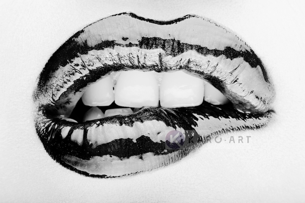 Schilderij - Metallic lippen, zwart/wit, 2 maten , print op canvas, premium print afbeelding
