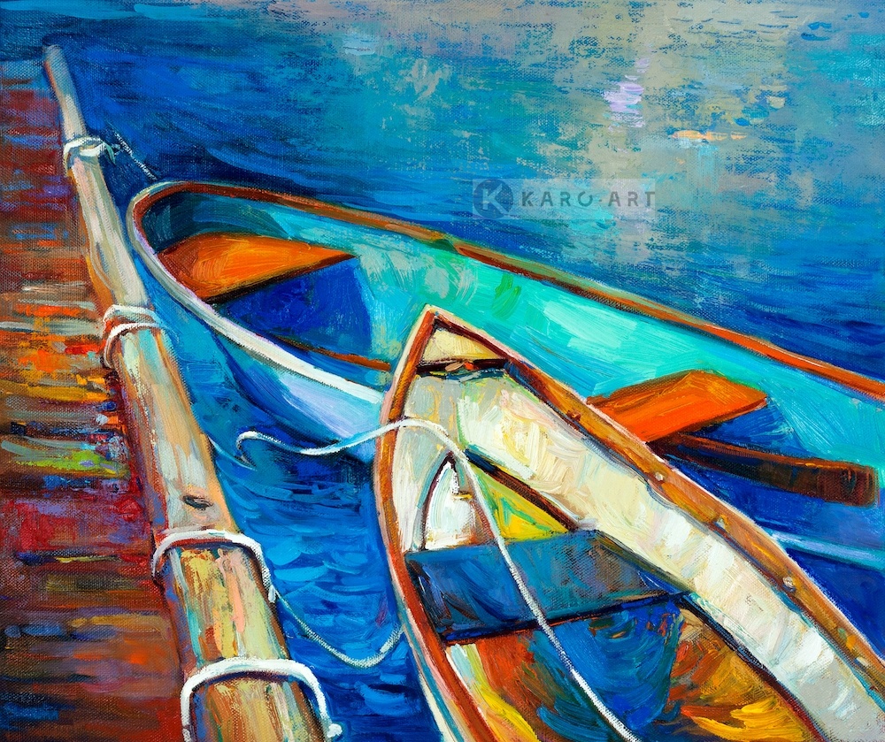 Schilderij - Aangemeerd, print op canvas , Multikleur , 3 maten , Premium Print afbeelding