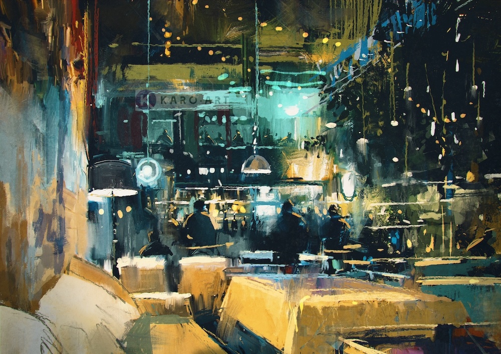 Schilderij - Druk restaurant, Multikleur , 2 maten , print op canvas ,Wanddecoratie afbeelding