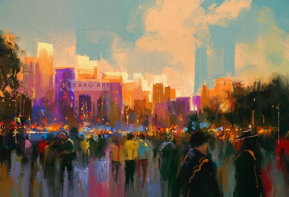 Schilderij - Zonsondergang in het park, Multikleur , 2 maten , print op canvas, Wanddecoratie afbeelding