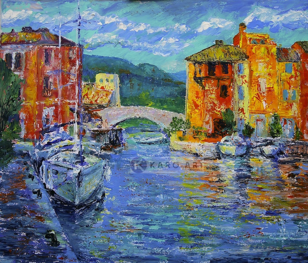 Schilderij - Port Grimaud, Frankrijk, Multikleur , 2 maten ,Print op canvas , Wanddecoratie afbeelding