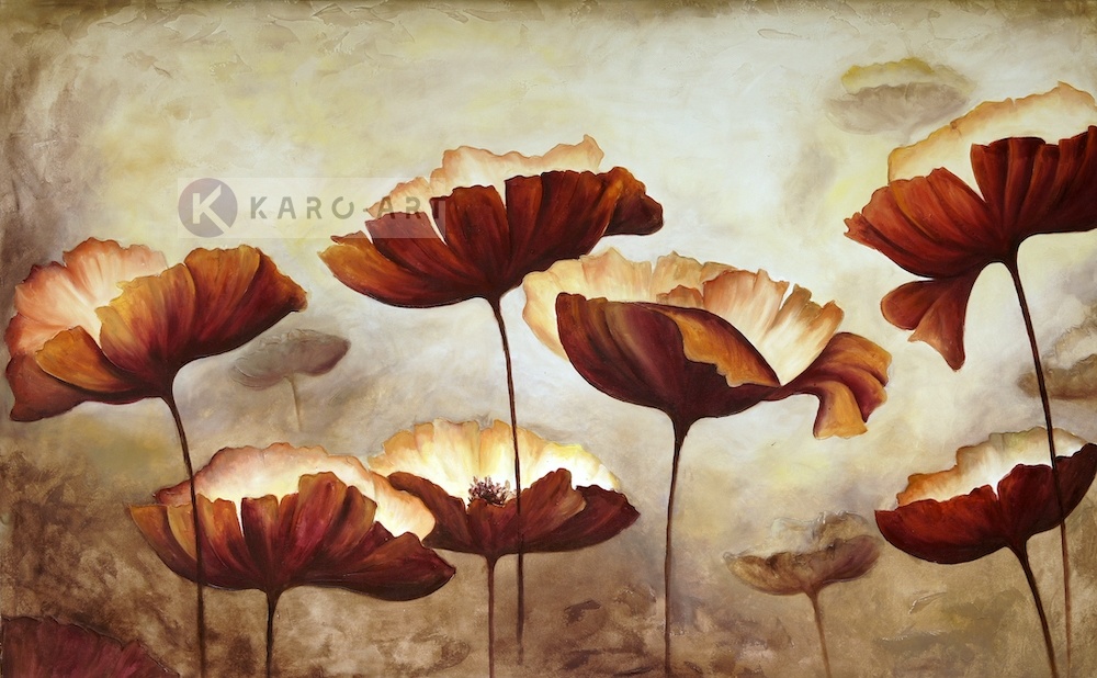 Schilderij - Klaprozen veld, Beige Bruin ,2 maten , print op canvas , Wanddecoratie afbeelding