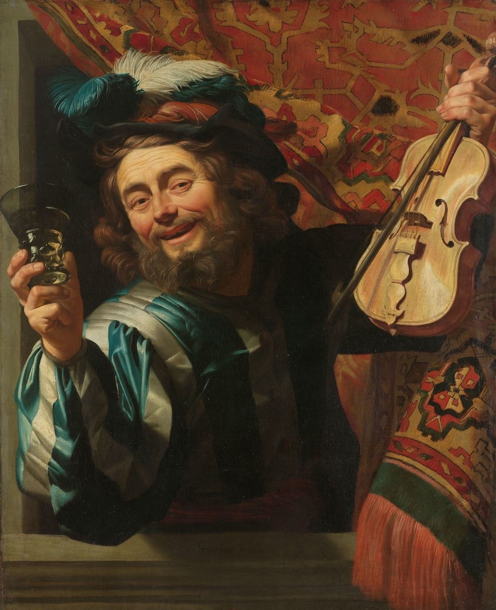 Gerard van Honthorst - Een vrolijke vioolspeler 60x90cm, Rijksmuseum, oude meester, print op canvas, premium print afbeelding