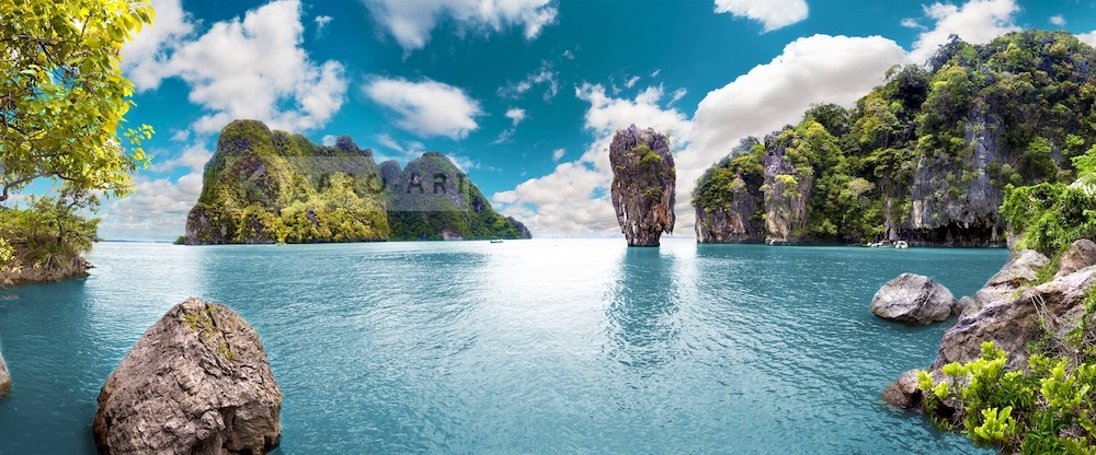 Schilderij - Uitzicht Thailand, blauw/groen, 2 maten , premium print, print op canvas afbeelding