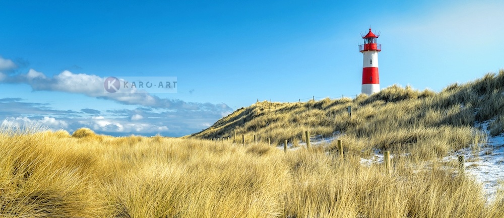 Schilderij - Vuurtoren, blauw/groen/rood, 2 maten , print op canvas, premium print afbeelding