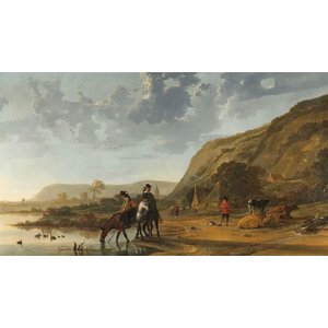 Karo-art Aelbert Cuyp - Rivierlandschap met ruiters, Rijksmuseum, Print op canvas, premium print, 90x60cm