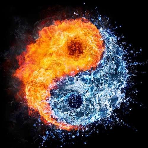 Karo-art Schilderij - Yin en Yang, water en vuur, blauw,oranje , 3 maten , Wanddecoratie