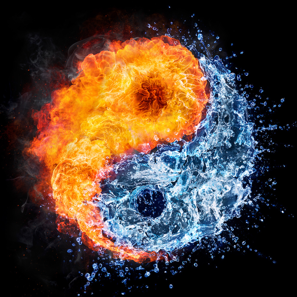 Schilderij - Yin en Yang, water en vuur, blauw,oranje , 3 maten , Wanddecoratie afbeelding