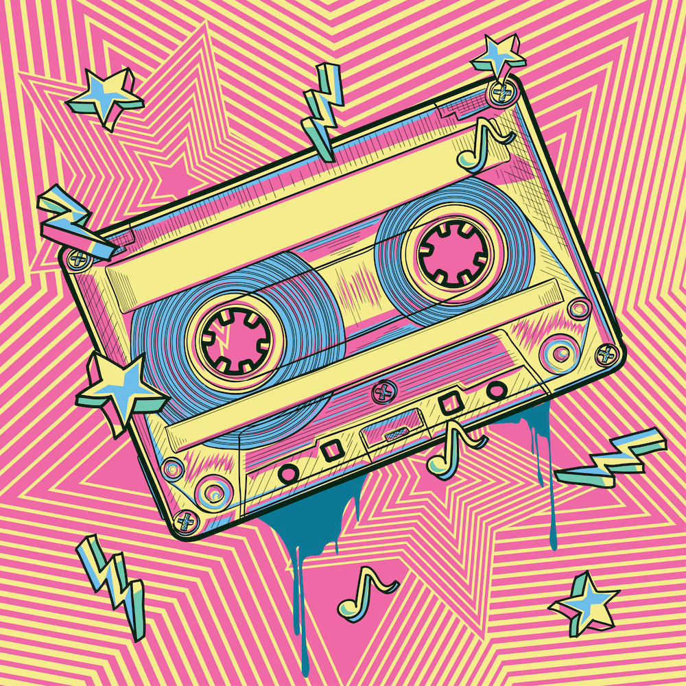 Schilderij - Cassette bandje, retro, roze,geel , 3 maten ,Premium Print afbeelding