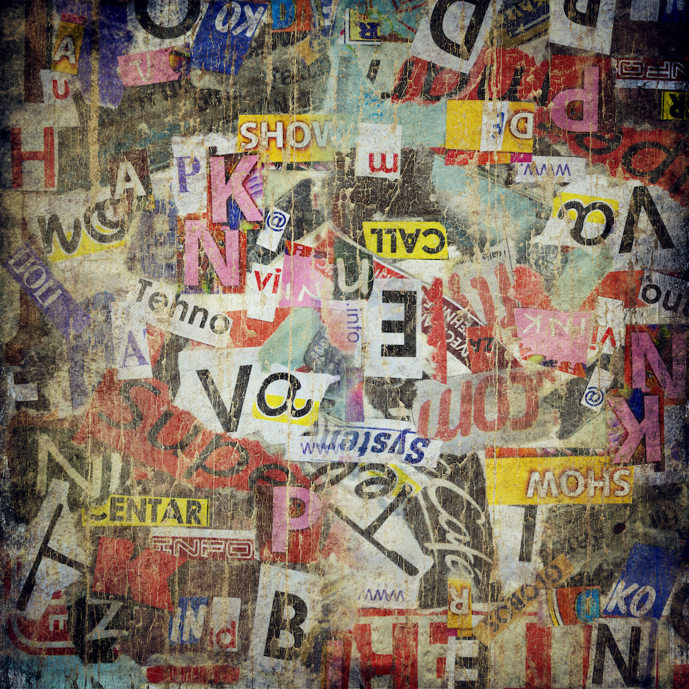 Schilderij - Grunge textuur, geplakt op muur, multikleur afbeelding