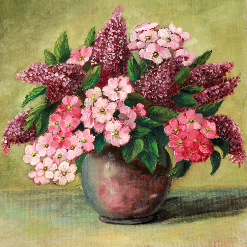 Schilderij - Roze bloemenvaas stilleven (print op canvas) , Multikleur , Wanddecoratie afbeelding