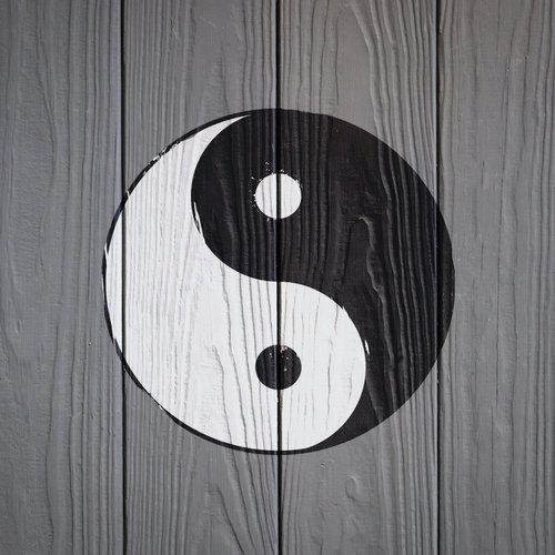 Schilderij Yin en Yang op hout (print op canvas) zwart, wit, grijs - VOF