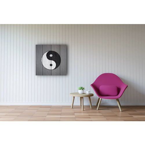 Karo-art Schilderij - Yin en Yang op hout (print op canvas) zwart, wit, grijs , 3 maten , Wanddecoratie