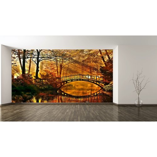 Karo-art Fotobehang- Herfst bos, bruggetje over het water