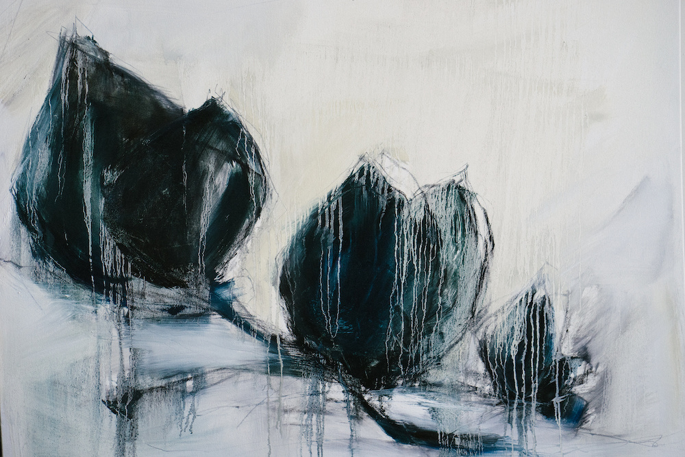 Schilderij - Blauwe kersenbloesem, print op canvas, 2 maten, Premium print afbeelding