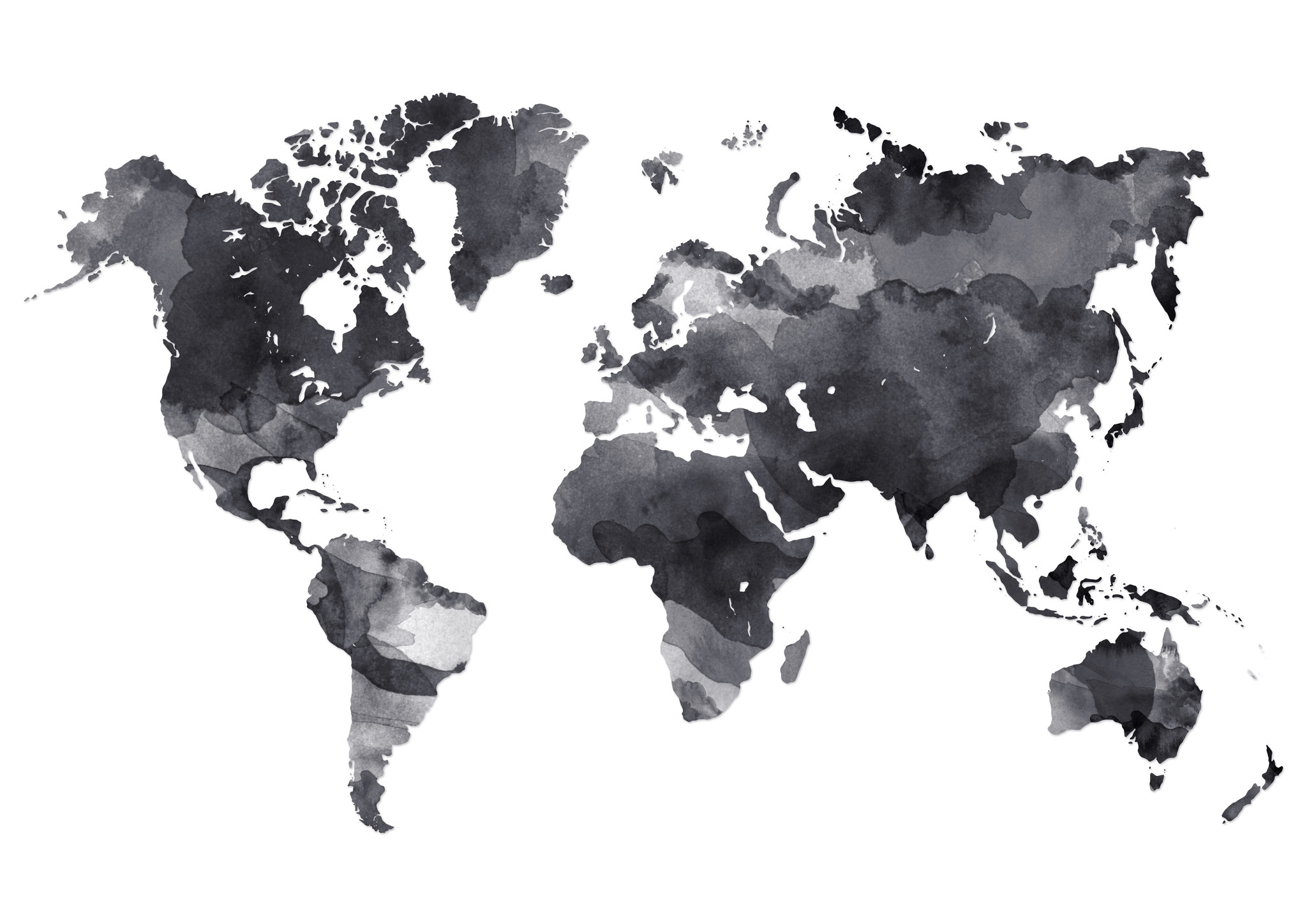 Schilderij - Wereld in inkt, Wereldkaart, 2 maten, Premium print afbeelding