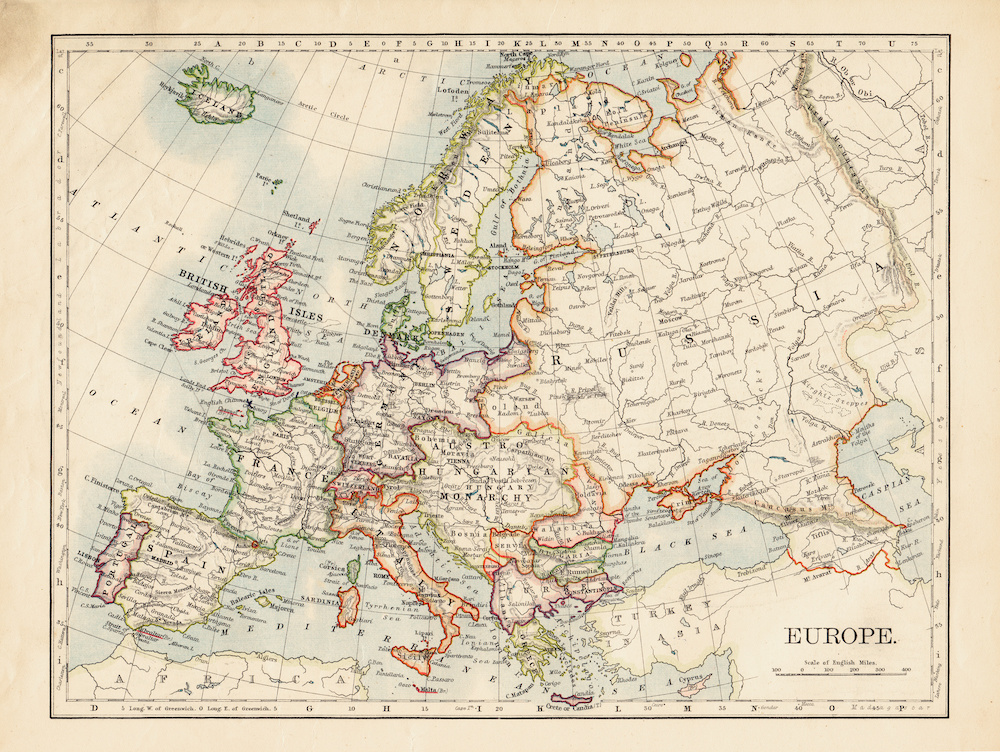Schilderij - Ouderwetse kaart van Europa, 2 maten, Premium print afbeelding