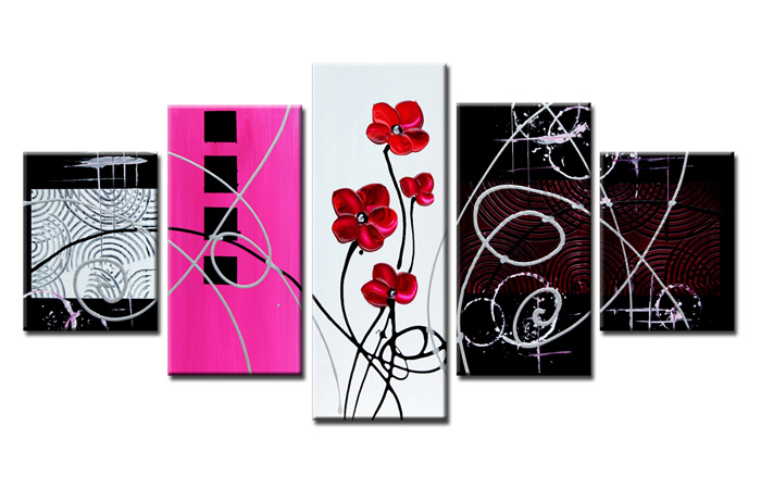 Schilderij - Bloemen in het abstract, 5 luik, 160x80cm. Print op canvas afbeelding