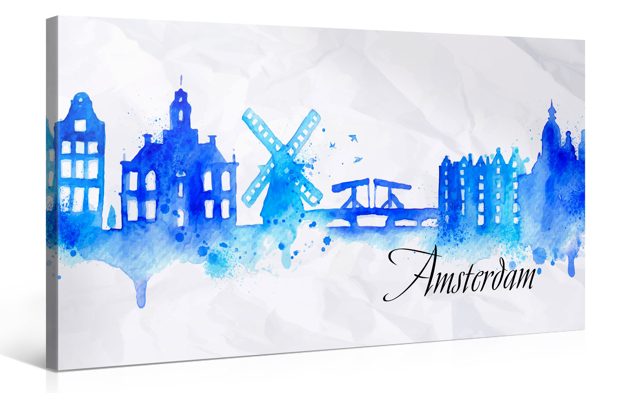 Schilderij - Amsterdam, Silhouet aquarel effect, premium print 100x50cm afbeelding