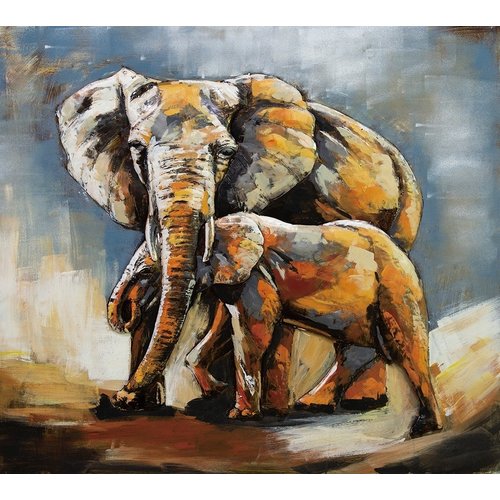Schilderij - Metaalschilderij - Olifant en kalf, handgeschilderd op metaal  100x100cm