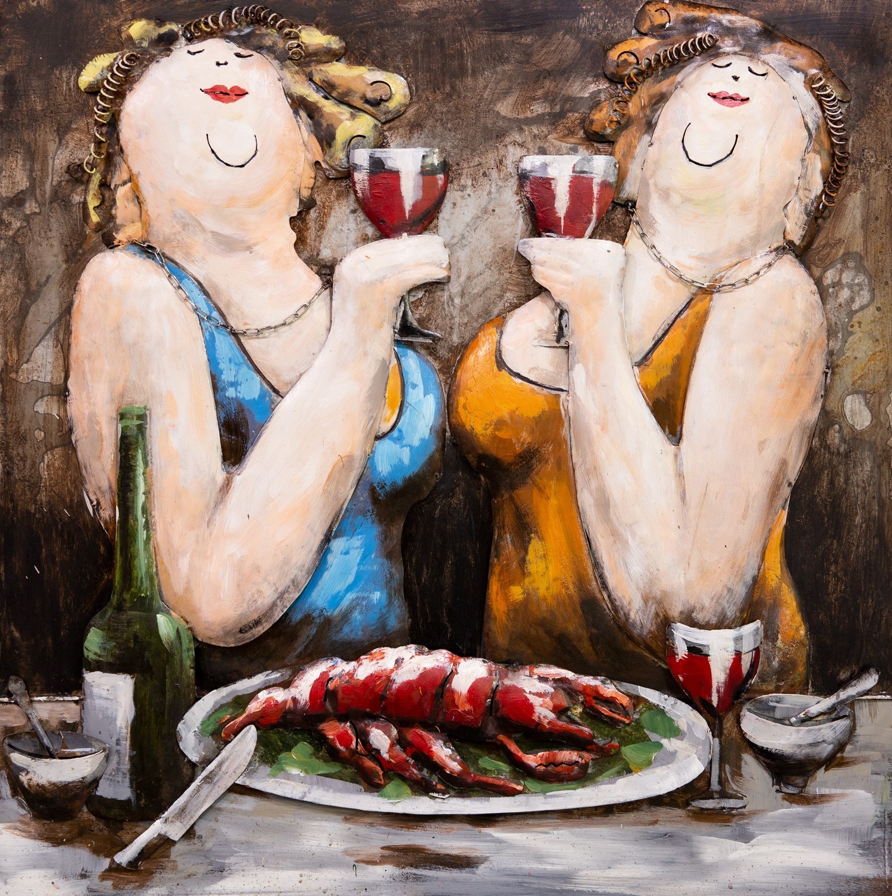Schilderij - Metaalschilderij - Dikke dames en de gezelligheid, metaal met de hand geschilderd, 2 maten afbeelding