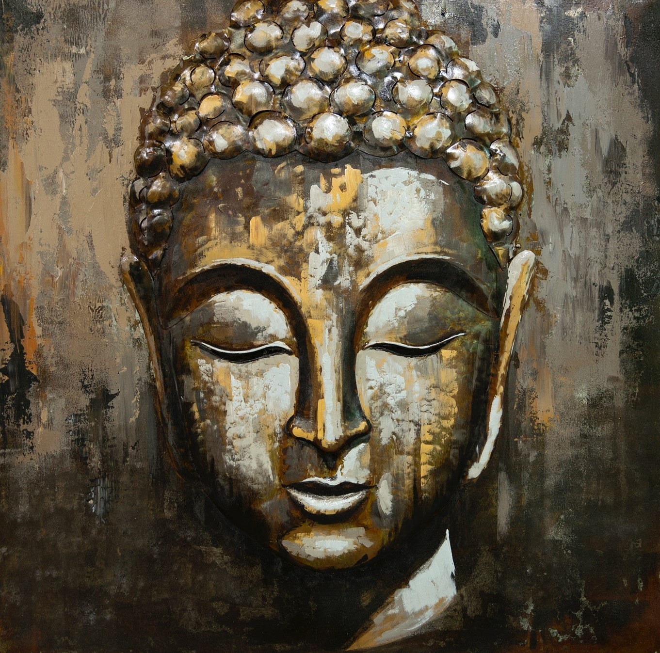 Schilderij - Metaalschilderij - Boeddha, metaal met de hand geschilderd, 100x100cm afbeelding