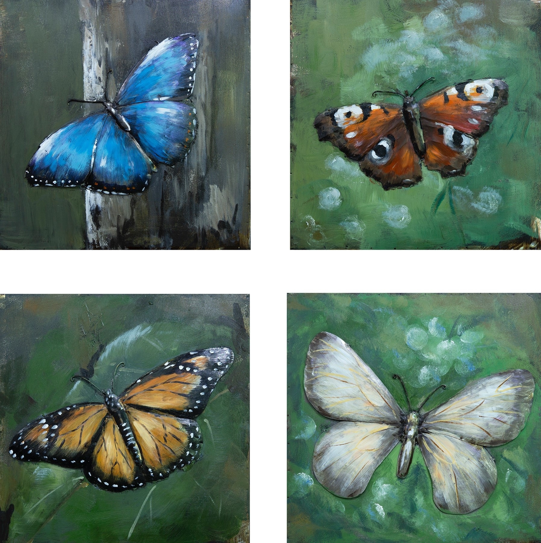 Schilderij - Metaalschilderij - Vlinders, set van 4 x 40x40cm. vierluik, met de hand geschilderd op metaal afbeelding