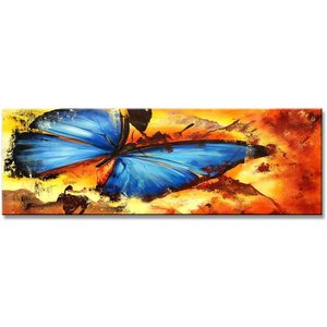 Schilderij - Prachtige Blauwe Vlinder, 120x40cm.   1 deel incl ophangmateriaal