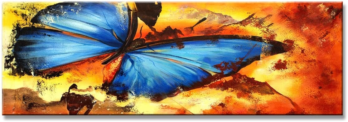 Schilderij - Prachtige Blauwe Vlinder, 120x40cm. 1 deel incl ophangmateriaal afbeelding