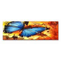 Schilderij - Prachtige Blauwe Vlinder, 120x40cm.   1 deel incl ophangmateriaal