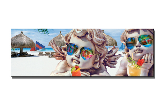 Schilderij - Lieve engeltjes op het strand, 120x40cm. Incl haakjes om op te hangen afbeelding