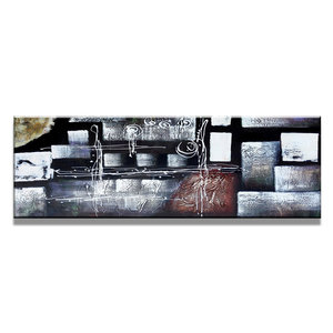 Schilderij - Abstract in blokken en krullen,   120x40cm.  Incl haakjes om op te hangen