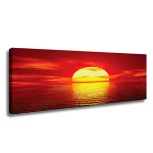 Schilderij - Zonsondergang,   120x40cm.  Rood en geel