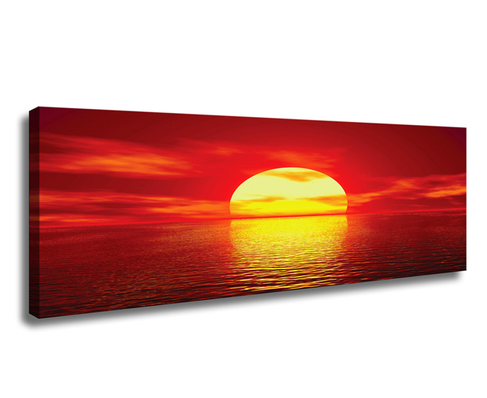 Schilderij - Zonsondergang, 120x40cm. Rood en geel afbeelding