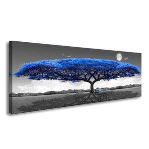 Schilderij - Blauwe boom,   120x40cm.  incl ophang haakjes
