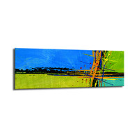 Schilderij - Abstract in blauw en groen   120x40cm.  Print van handgeschilderd