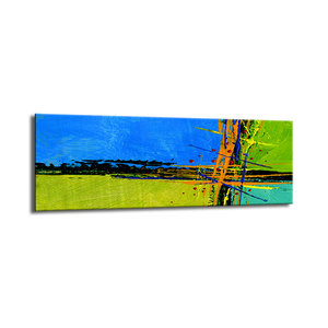 Schilderij - Abstract in blauw en groen   120x40cm.  Print van handgeschilderd