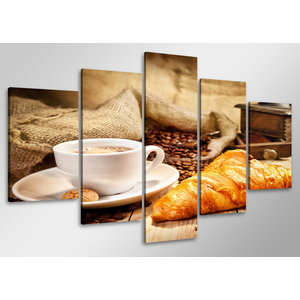 Schilderij - Koffie en croissants,   100x50 cm.  5 luik, wanddecoratie Schilderij - Koffie en croissants,   100x50 cm.  5 luik, wanddecoratie