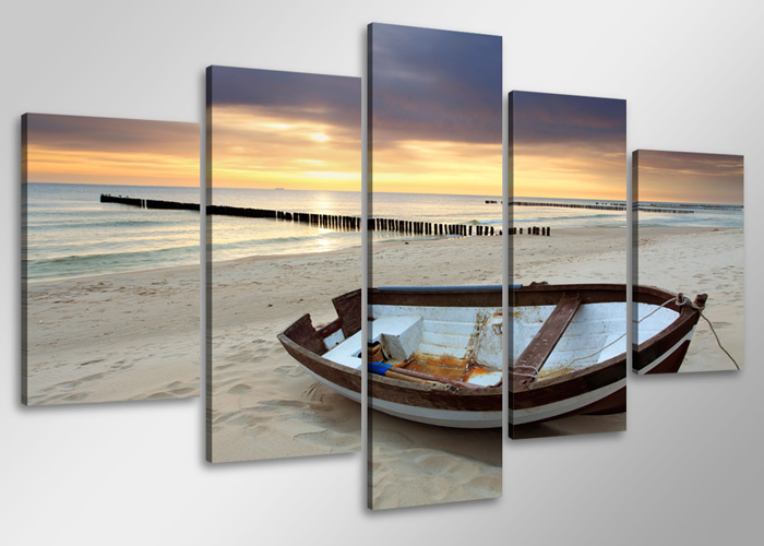Schilderij - Boot op het strand, 100x50 cm. 5 luik, wanddecoratie